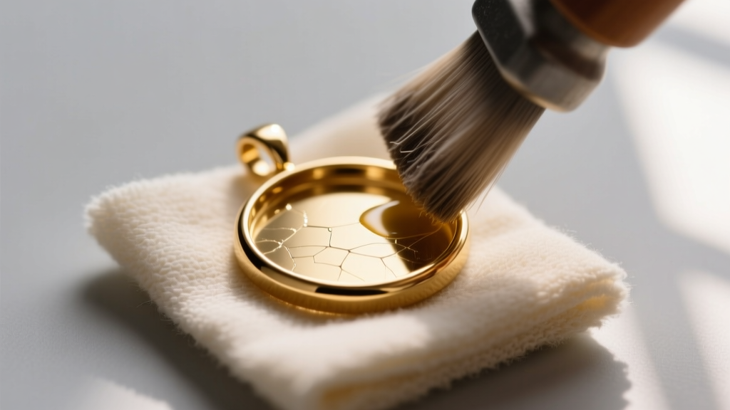 Macro shot of a jewelry polishing cloth gently buffing an 18k gold circular pendant to remove micro-scratches and skin oils