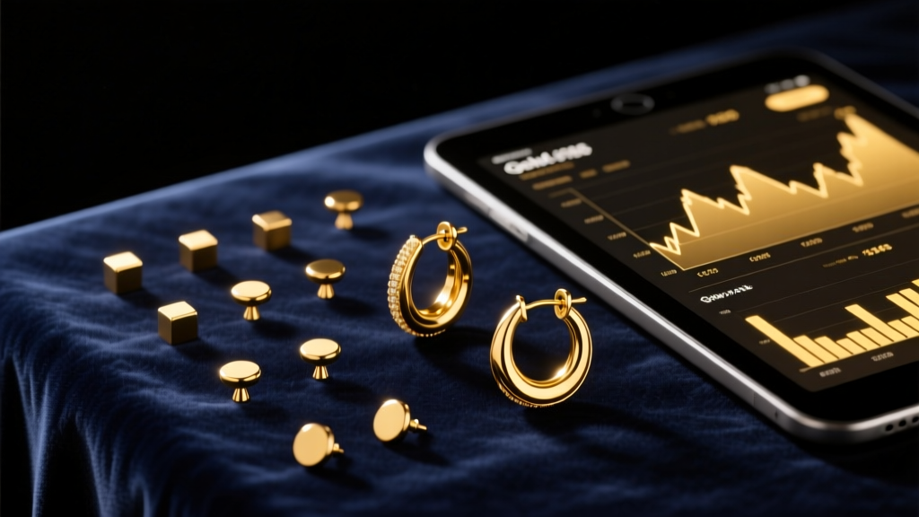 Flat-lay of 14k gold studs and 18k hoops on dark velvet next to a tablet showing gold rate charts under warm studio lighting