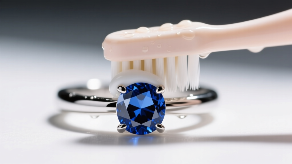 Macro shot of a soft baby toothbrush cleaning a platinum sapphire ring to remove trapped lotion and sebum from the prong setting.