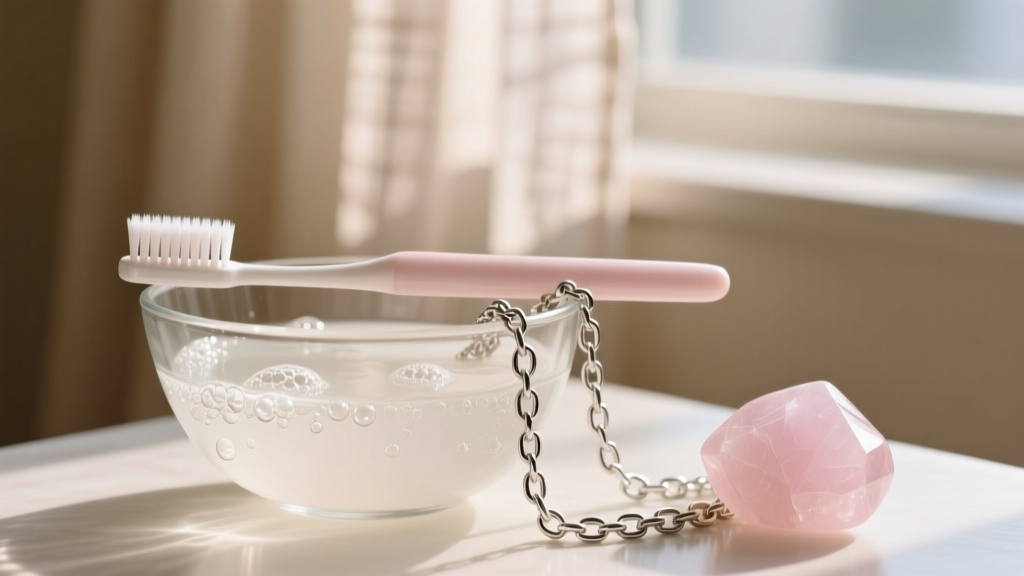 Soft toothbrush gently scrubbing a sterling silver chain near a pale pink rose quartz stone in a glass bowl of mild soapy water