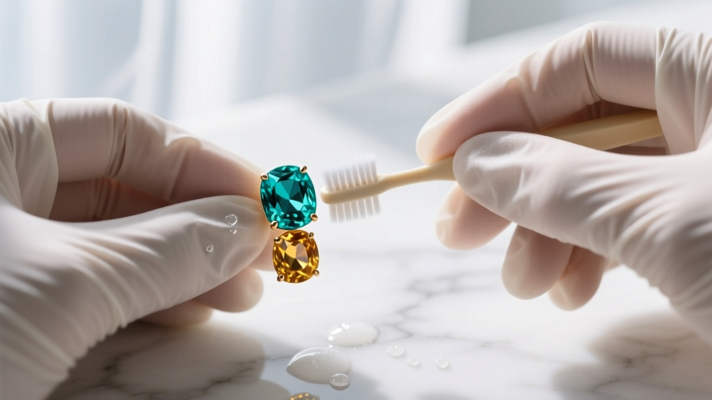 Hands in nitrile gloves gently brushing a turquoise and citrine stud earring with an extra-soft toothbrush and mild soapy water