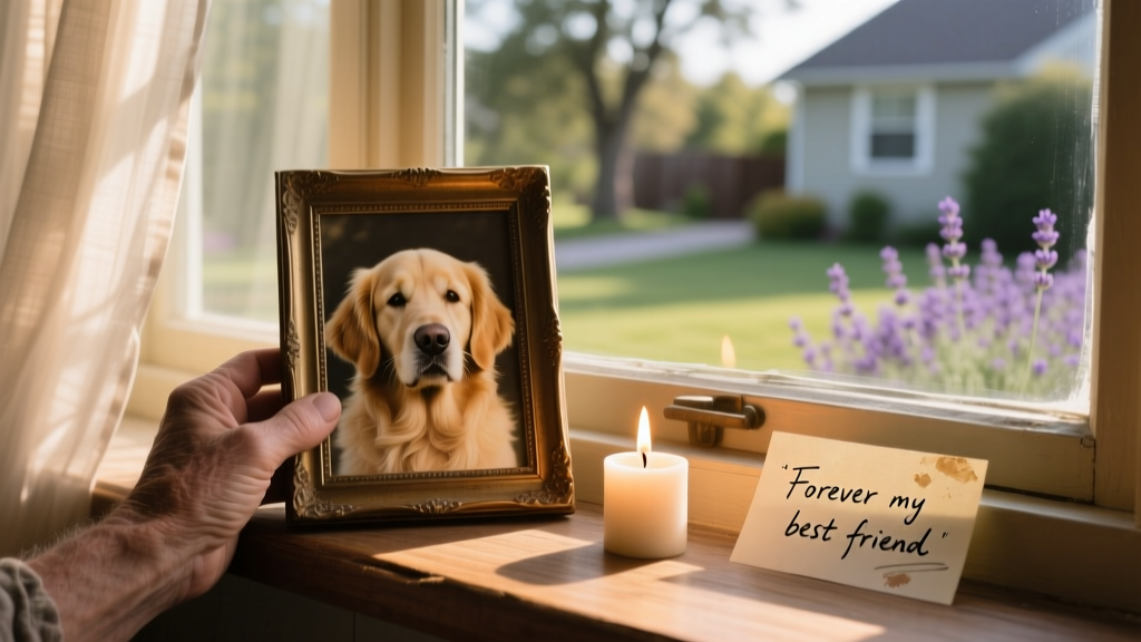A hand holding a framed photo of a golden retriever next to a small memorial candle and handwritten note on a windowsill
