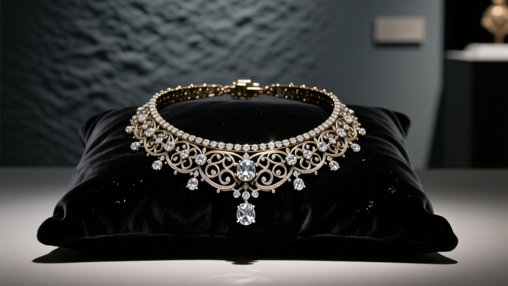 Dramatic 19th-century Parisian revival diamond choker necklace on dark velvet, illuminated by soft moody gallery lighting.