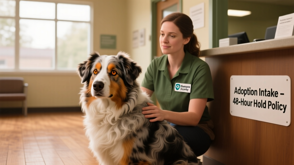 Australian Shepherd sitting calmly beside a volunteer at a shelter intake area