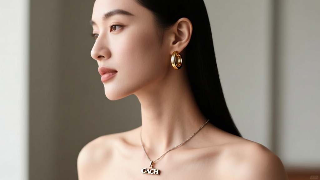 Side profile of a woman wearing a Coach pendant necklace and medium gold hoops, highlighting facial proportion and jawline balance