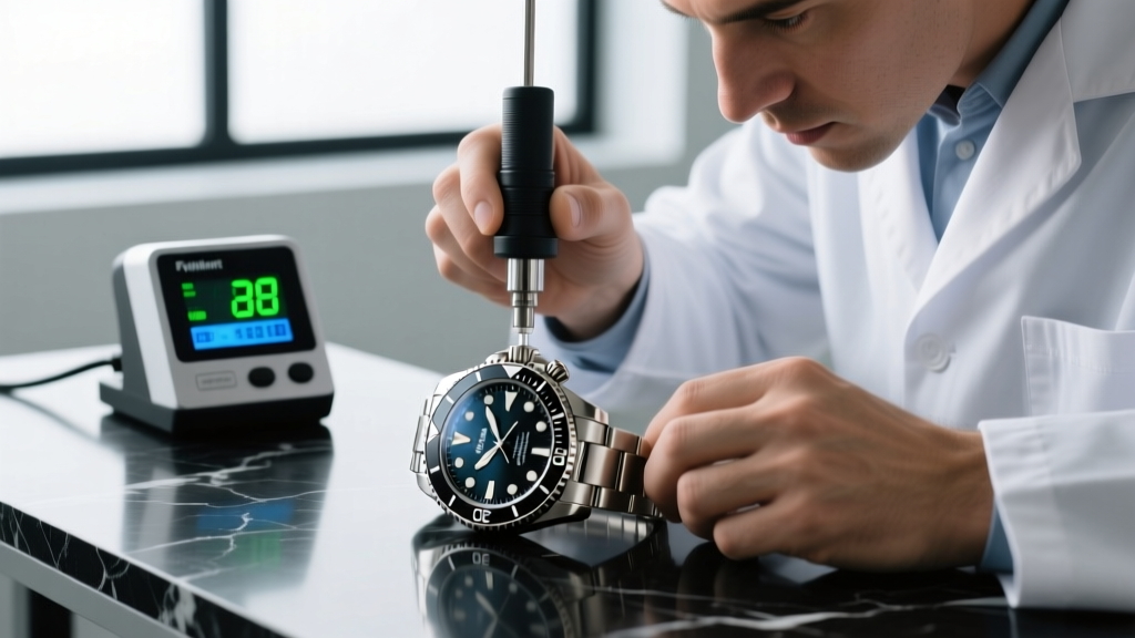 A professional watchmaker conducting a dry pressure test on a stainless steel dive watch using a digital water resistance tester.