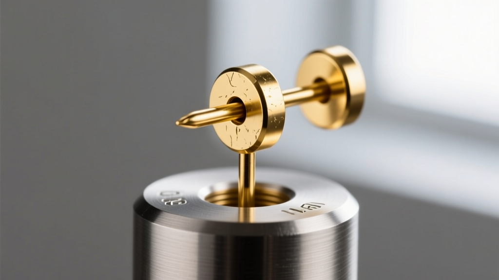 Macro shot of 16-gauge threadless gold earring pin sliding into a titanium post, showing the slight bend for a secure tension fit.