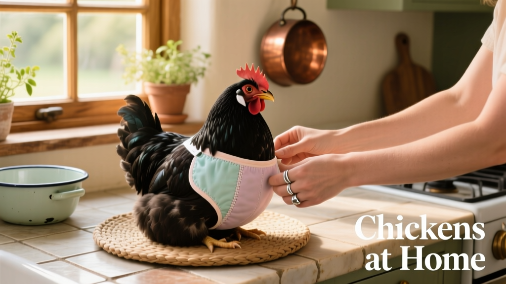 A person gently adjusting a soft, adjustable chicken diaper on a calm Silkie hen in a sunlit kitchen