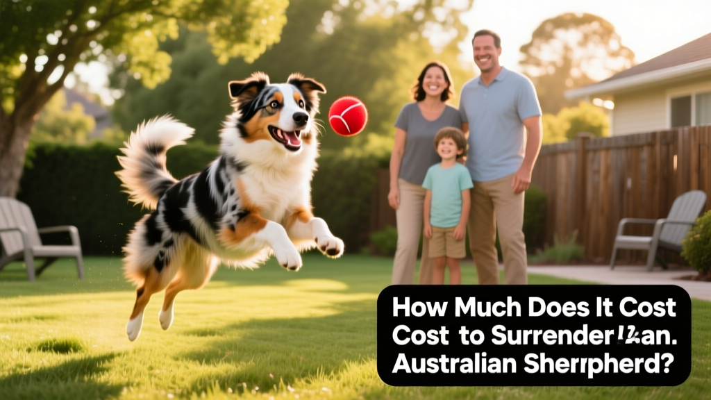A happy Australian Shepherd playing fetch in a sunny backyard with a new family