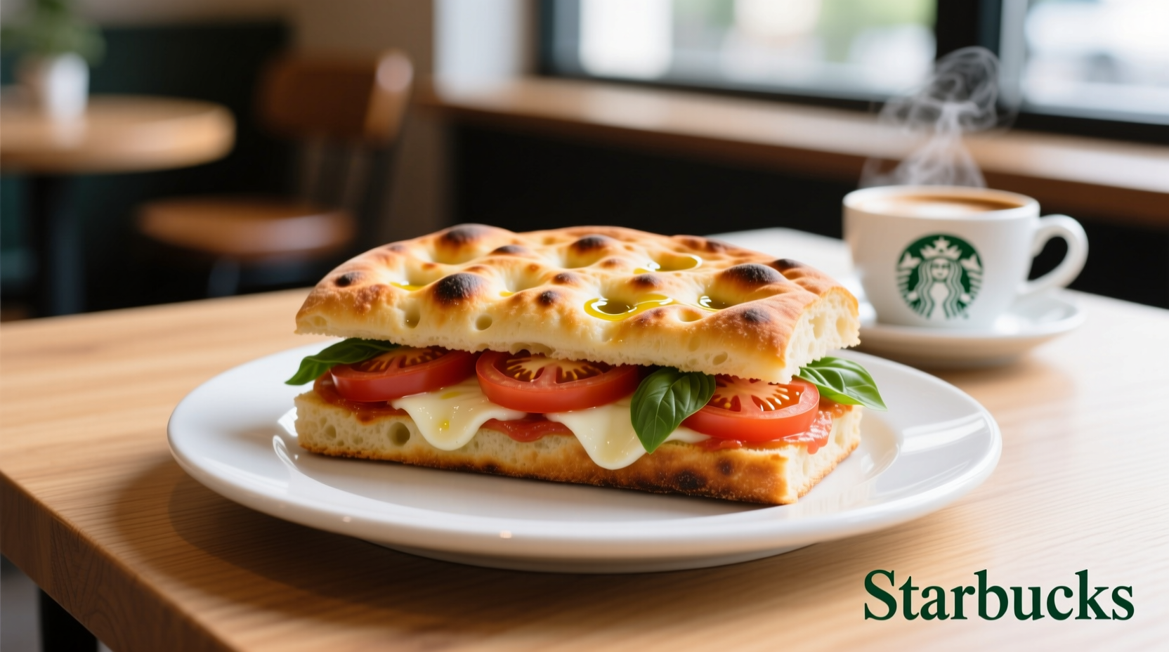 Starbucks tomato and mozzarella focaccia sandwich on white plate