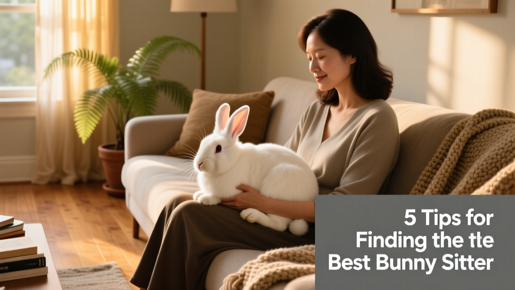 A calm rabbit resting comfortably in a sitter's lap at home