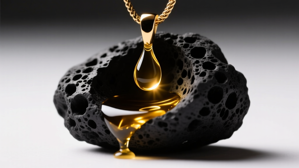 Macro shot of a porous black lava rock pendant absorbing a drop of golden essential oil under warm directional studio lighting