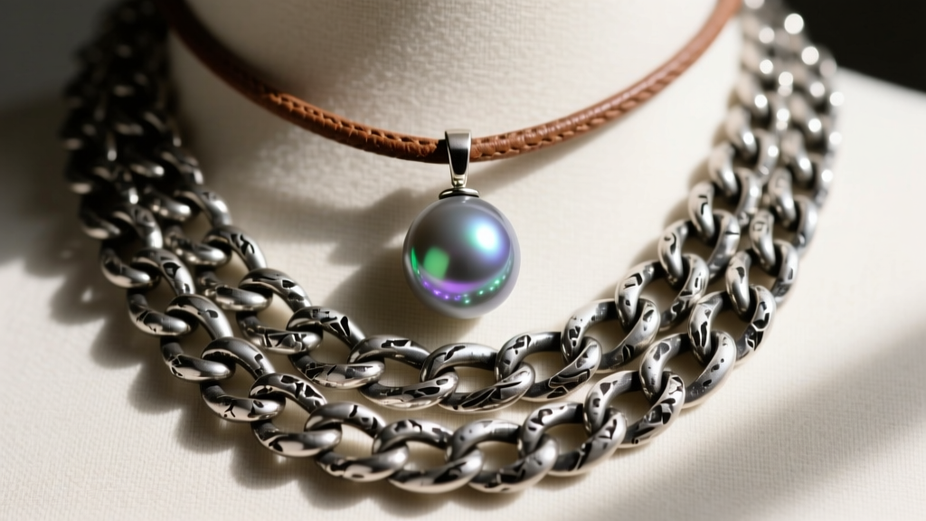 Layered necklace featuring an 8mm grey Tahitian pearl pendant on leather, stacked with an oxidized sterling silver Cuban chain.