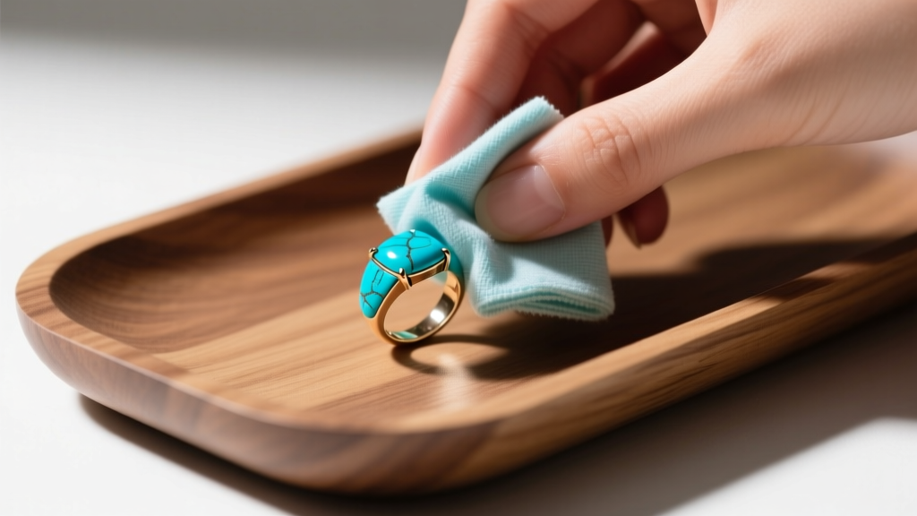 Hands gently wiping a vibrant blue Sleeping Beauty turquoise ring with a soft microfiber cloth on a clean wooden jewelry tray.