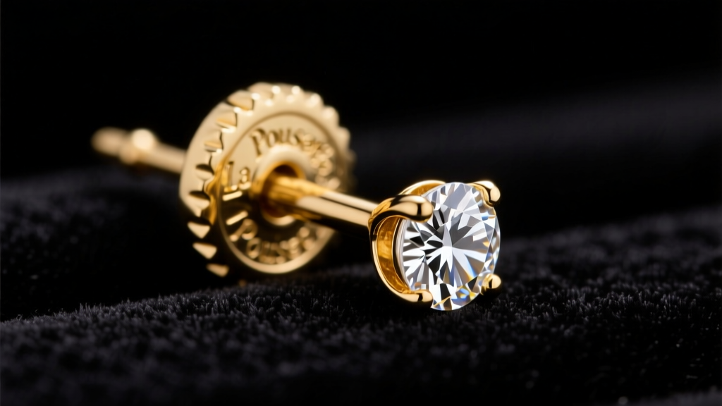Macro shot of 14k yellow gold La Pousette locking earring back securing a diamond stud, studio lighting on dark velvet surface.