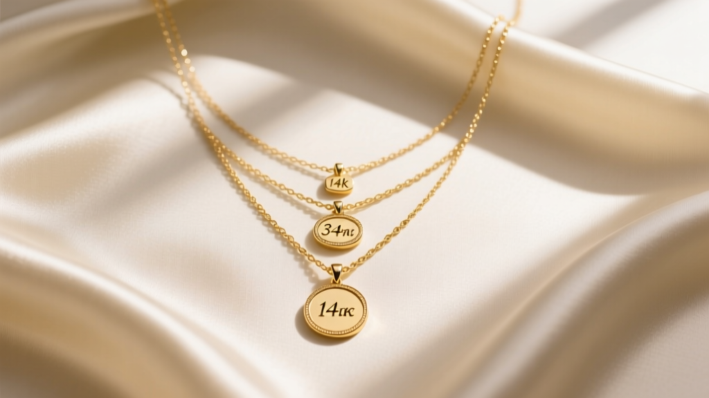 Top-down flat lay of a 14k gold 3 name necklace with stacked pendants on cream silk fabric under soft natural window lighting