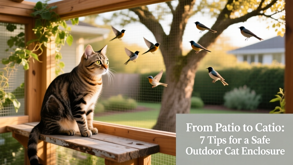 A cat perched on a cedar shelf inside a catio, gazing out through mesh screening at birds in a nearby tree