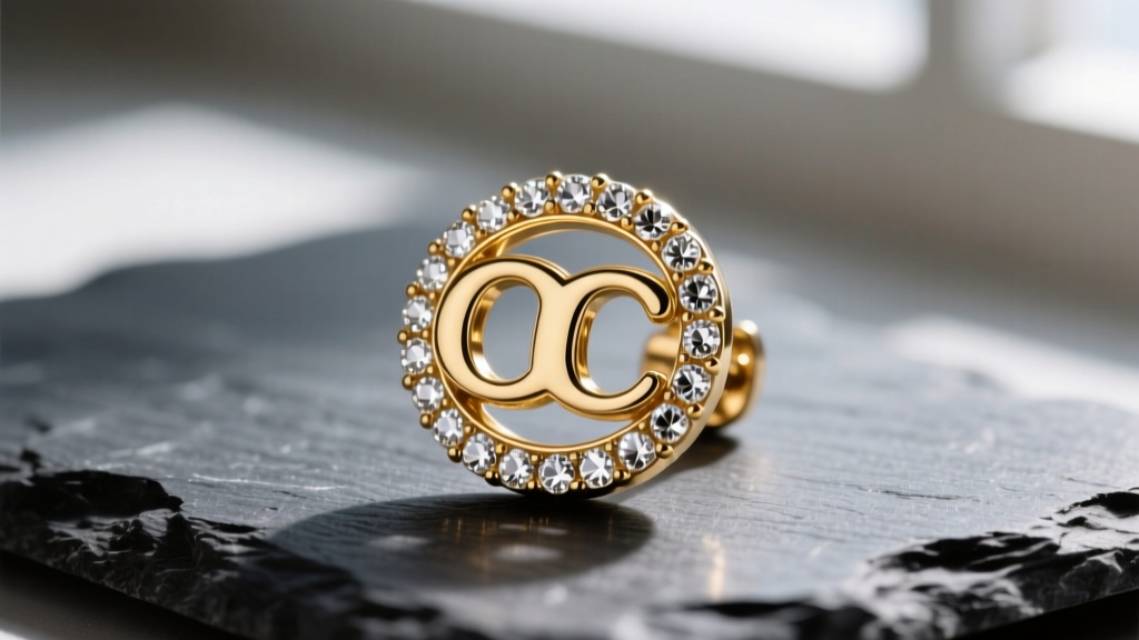 Macro shot of a gold-plated brass Coach C logo earring on dark slate, highlighting pave crystals and polished metal texture.