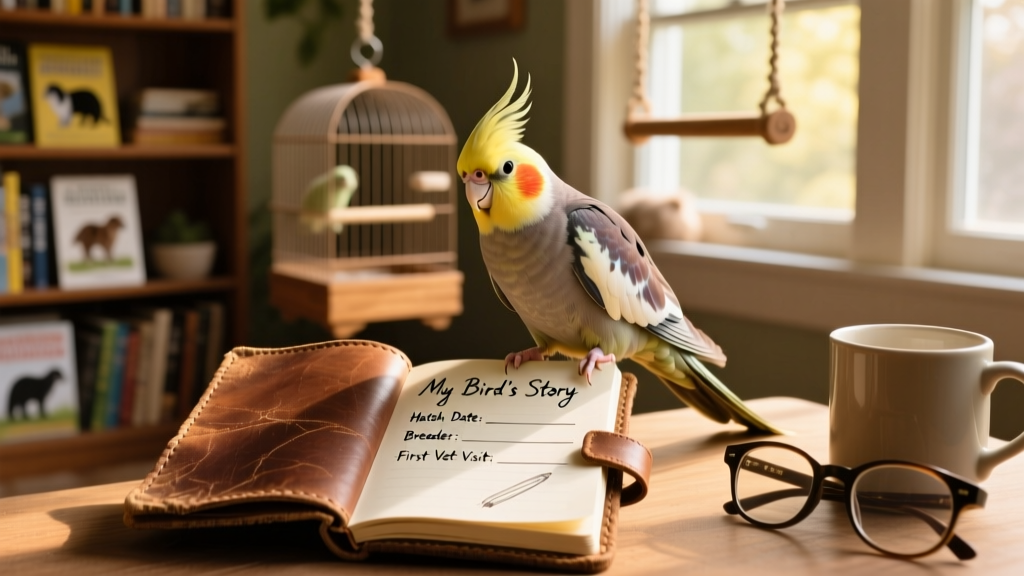 Happy cockatiel perched beside a small notebook open to a page titled 'My Bird's Story' with space for notes on hatch date, breeder, and first vet visit