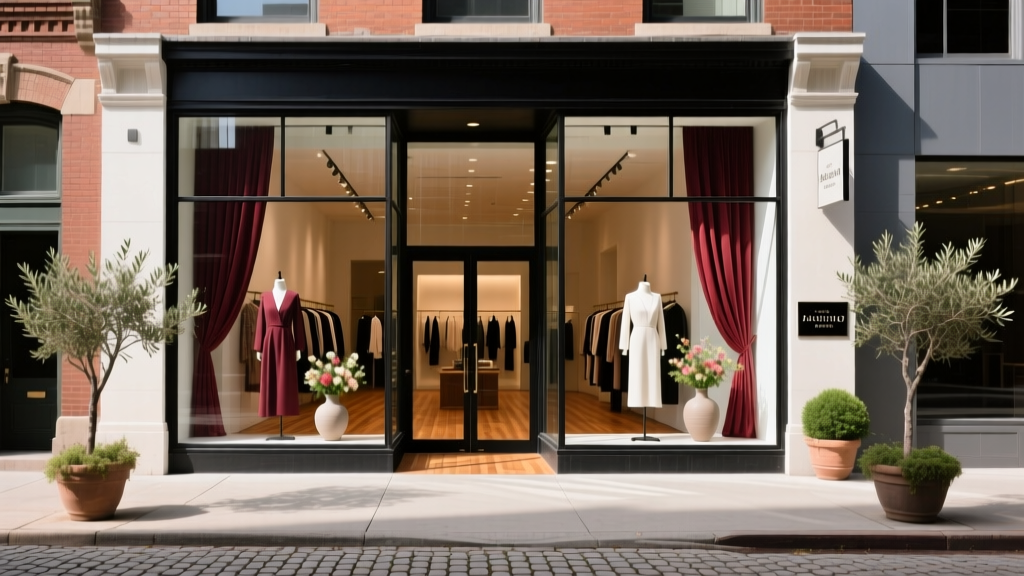 Elegant boutique storefront in Cleveland's Shaker Heights, displaying high-end emerald necklaces in a well-lit, luxurious window.