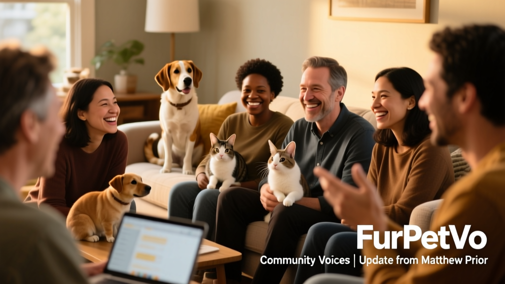 Illustration of diverse FurPetVo community members chatting online, with pets visible in the background
