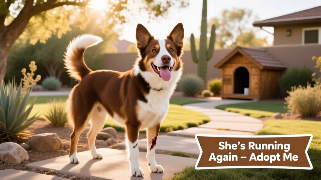 Debbie, a brown-and-white Australian Kelpie–Cattle Dog mix, smiling brightly while standing confidently on all four legs in a sunlit backyard