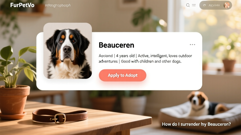 Screenshot-style image showing a clean, user-friendly FurPetVo rehoming dashboard with a Beauceron's photo, bio summary, and 'Apply to Adopt' button