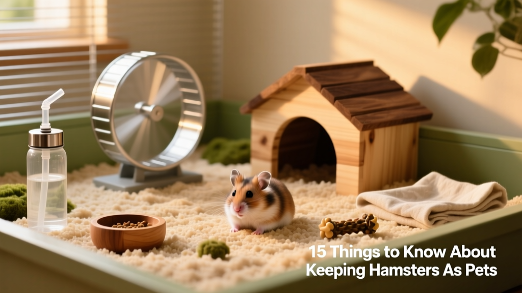 Well-equipped hamster habitat with deep bedding, hideout, wheel, and water bottle