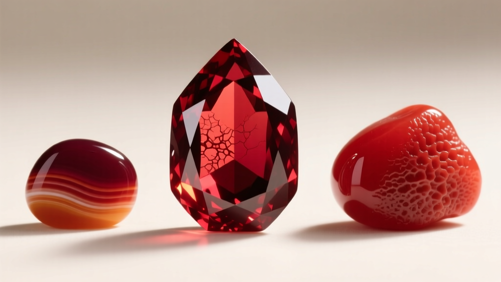 Macro shot of three red beads: translucent dyed cherry quartz, banded natural carnelian, and opaque polished organic red coral.