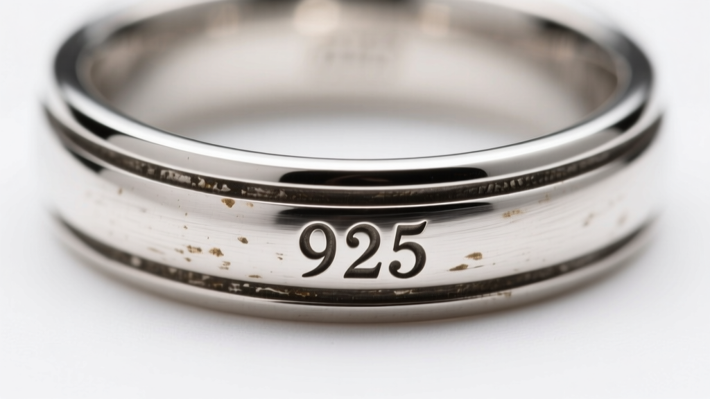Close-up of a 925 hallmark stamped inside a silver ring band, showing sharp engraving and slight patina in the deep metal grooves.