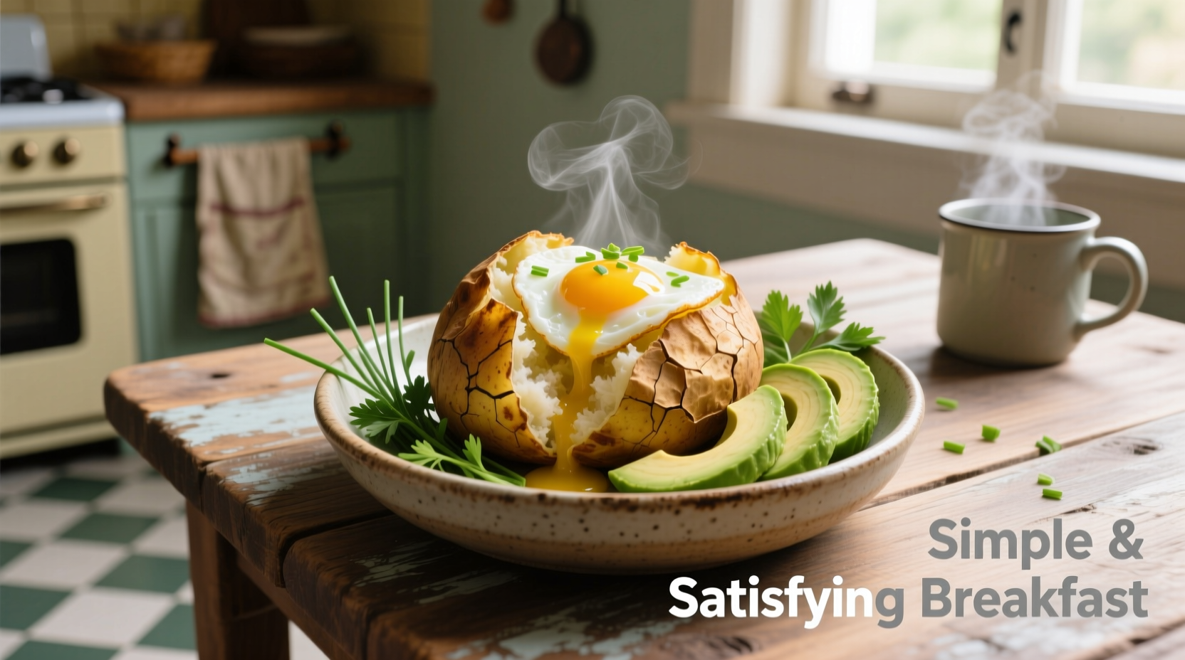 Breakfast baked potato with egg and avocado