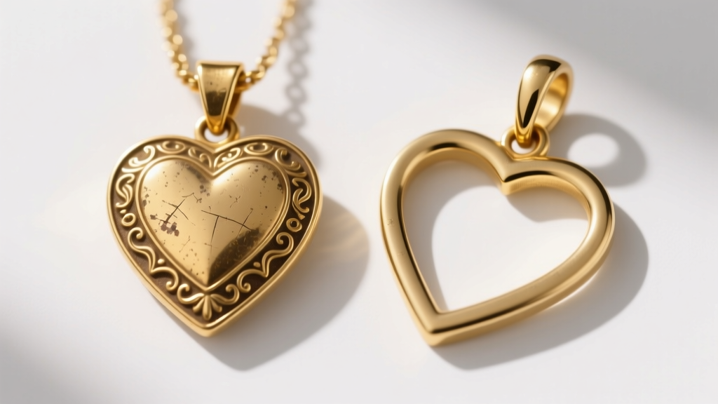 Side-by-side view of a die-struck vintage gold heart pendant and a modern cast replica, showing edge sharpness and bale construction