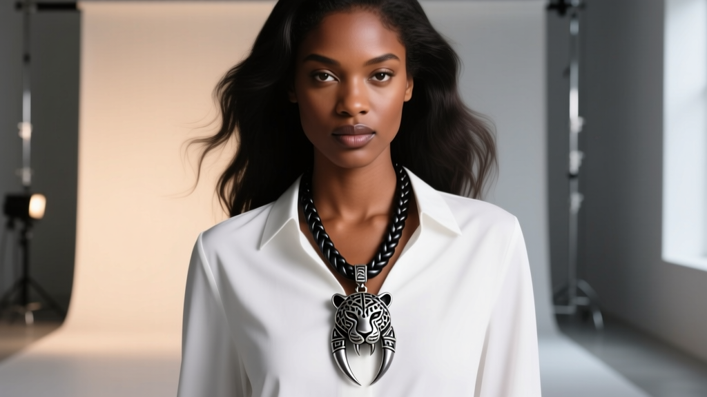 Model wearing a Wakanda necklace with a dark ruthenium-plated silver panther claw pendant on a braided black leather cord