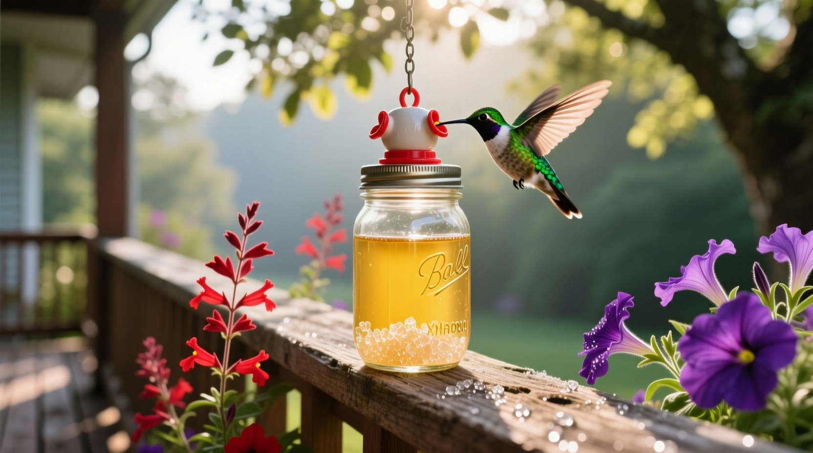 Homemade hummingbird nectar in glass jar with feeder