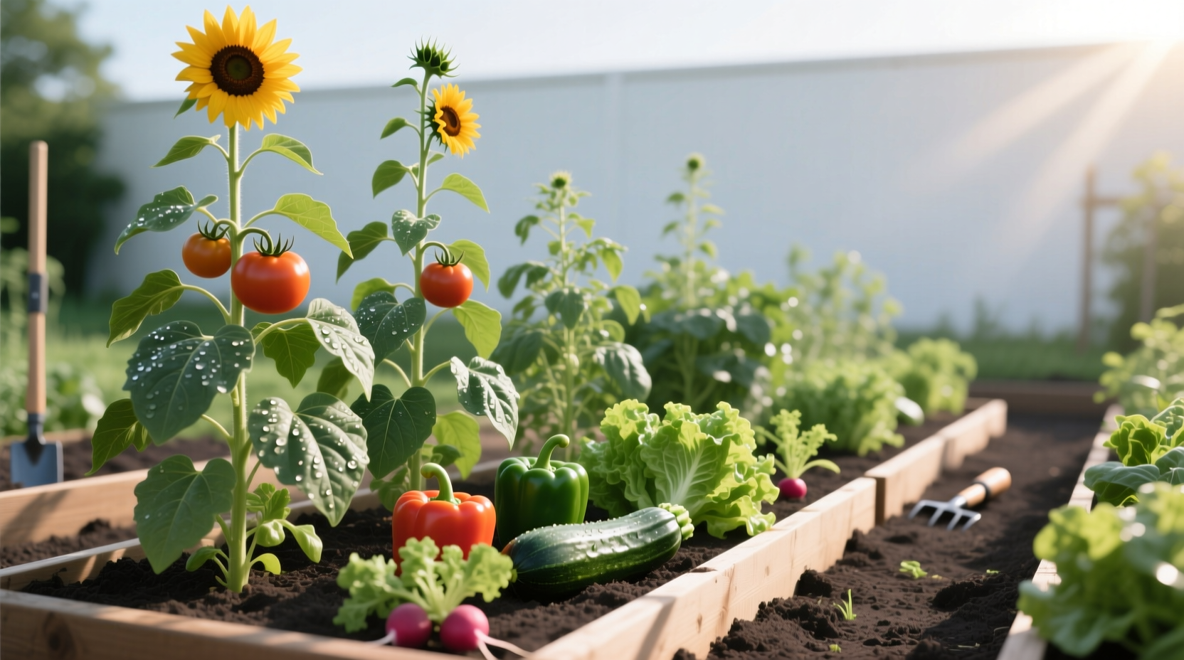June 2024 beginner's garden showing north-to-south plant height gradient - prevents shading of low crops in seasonal sunlight