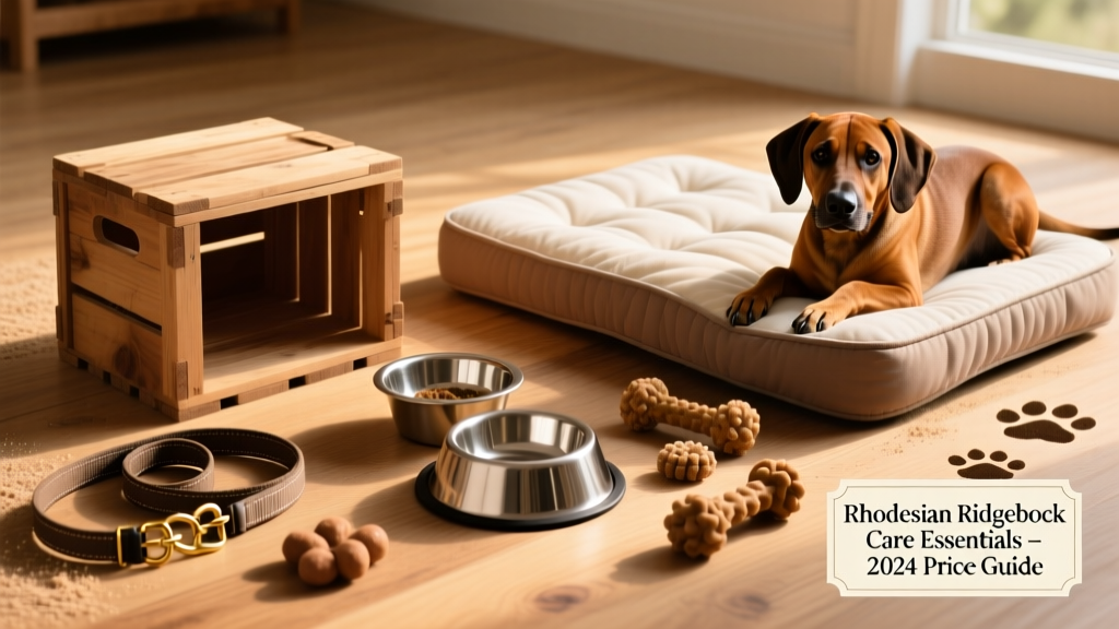 A neatly organized collection of Rhodesian Ridgeback care essentials: sturdy crate, orthopedic bed, stainless steel bowls, nylon leash, and natural rubber chew toys