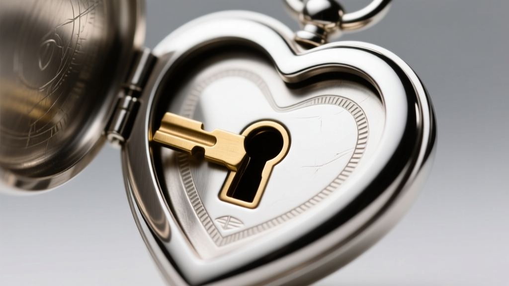 Macro shot of silver heart locket hinge and keyhole, showing brass pin mechanism and keyway tolerance under bright studio lighting