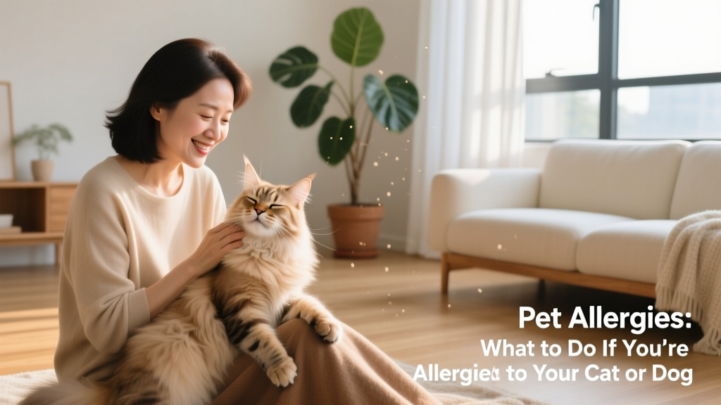 A person gently petting their cat while smiling, with a clean, sunlit living room in the background