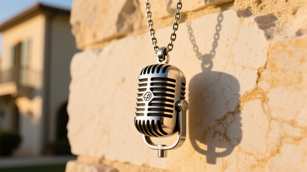 Steel vintage microphone pendant on a 5mm curb chain resting against a bright, sunlit luxury villa stone wall background.