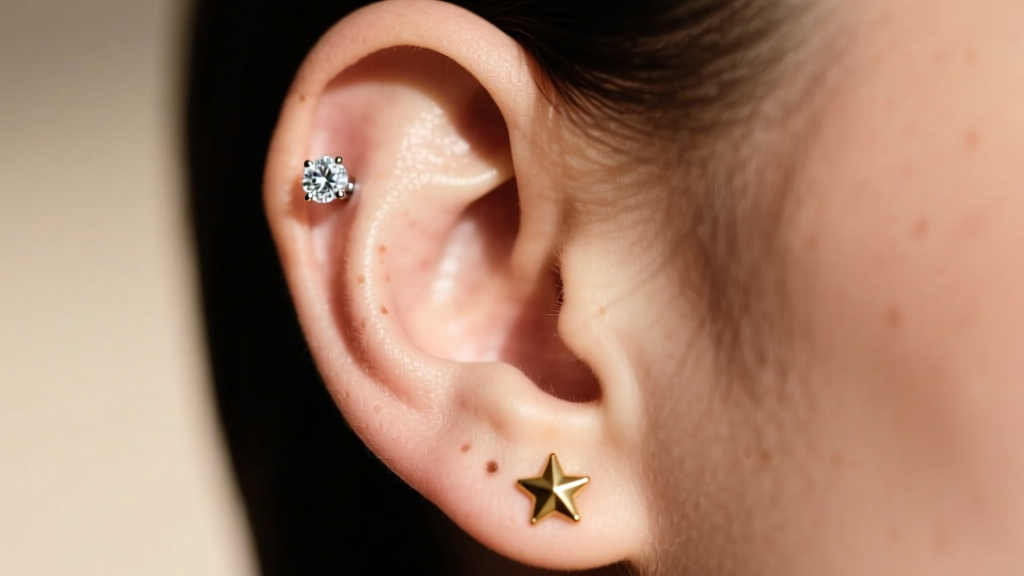 Close-up of a double lobe piercing with a 5mm diamond stud in the first hole and a tiny gold star in the second, soft lighting