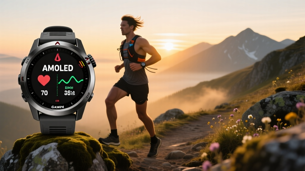 Runner checking the biometric data screen on a Garmin Fenix 8 AMOLED watch while standing on a rocky trail at sunrise