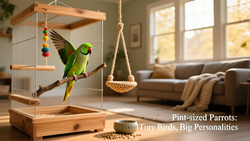 Spacious indoor cage with natural perches, hanging toys, and a swing—designed specifically for a parrotlet