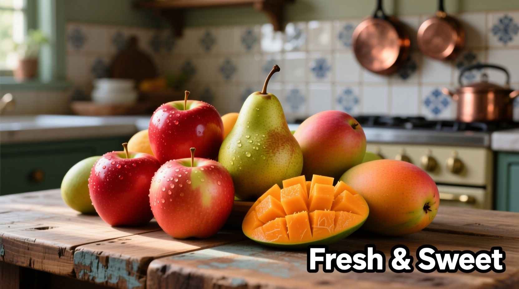 Colorful assortment of high-fructose fruits including apples, pears, and mangoes