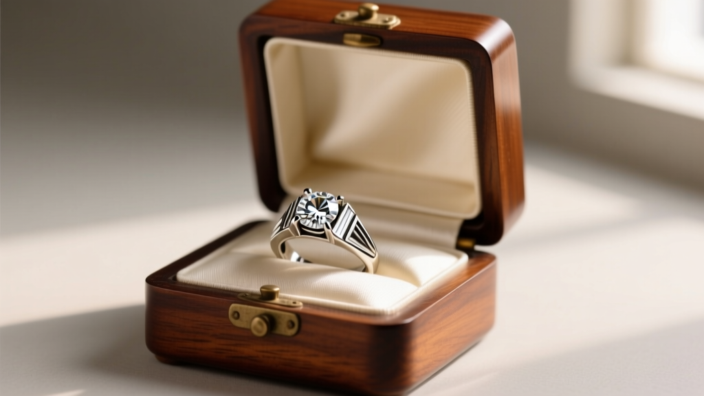 Open 1920s mahogany antique jewelry ring box revealing acid-free cream silk lining holding a single Art Deco diamond ring