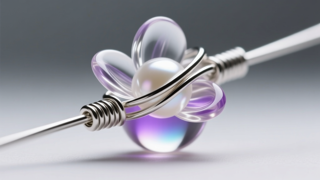 Close-up of 24-gauge silver wire tightly wrapping a glass seed bead to form a floral petal under bright, focused studio lighting.