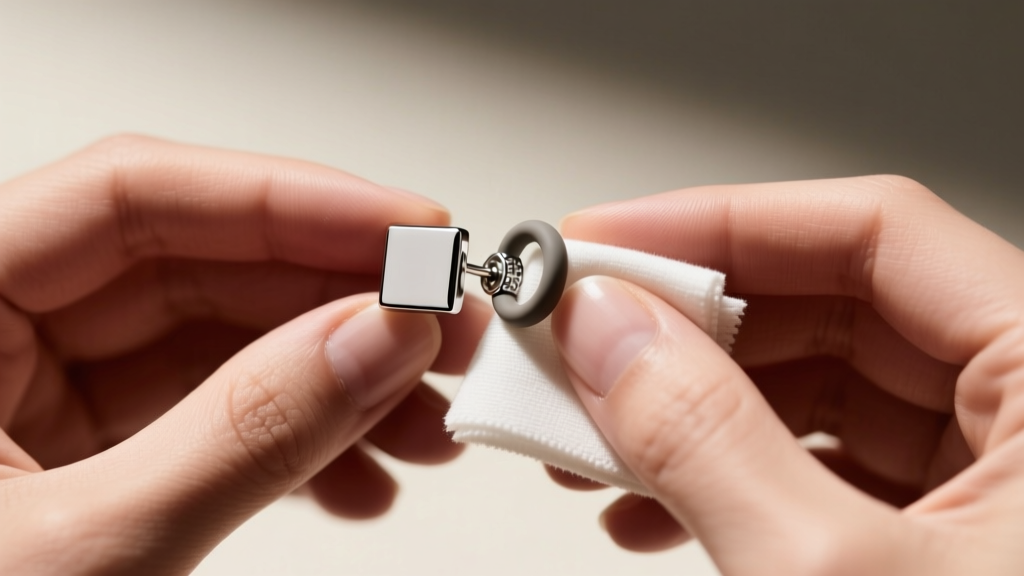 Top-down view of hands using a cloth to polish a steel square stud earring equipped with a secure silicone O-ring back.