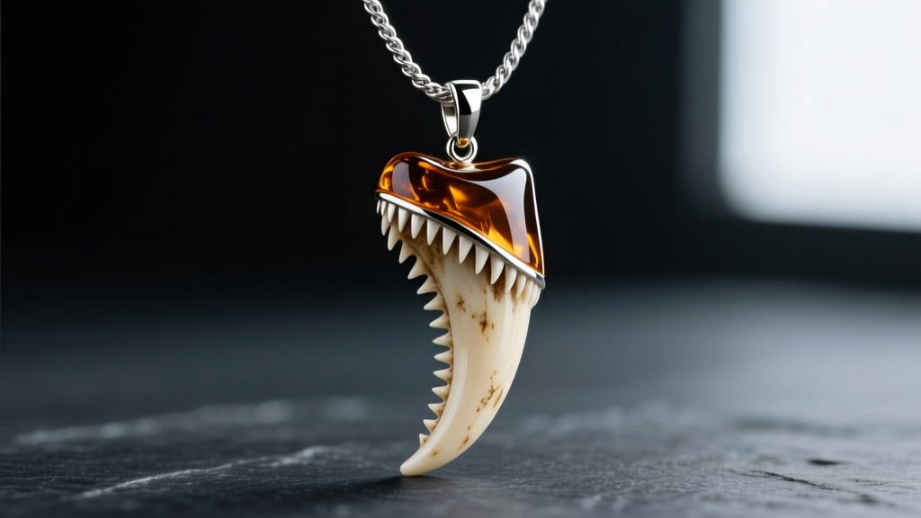 Close-up of a polished Spinosaurus dinosaur tooth necklace pendant on a sterling silver rope chain against dark slate.