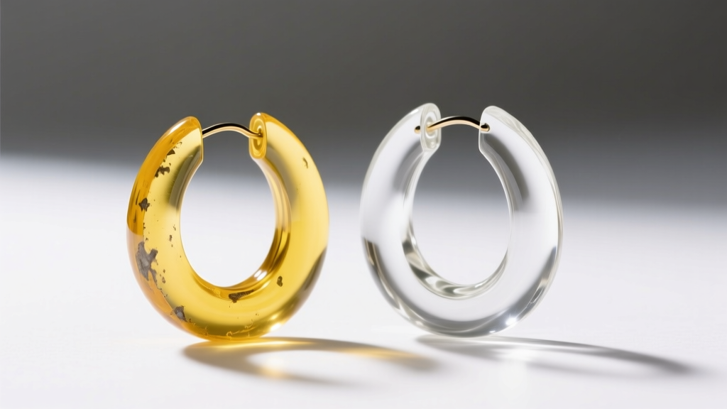 Yellowed vintage acrylic hoop next to a pristine UV-stabilized borosilicate glass hoop earring under bright studio lights.