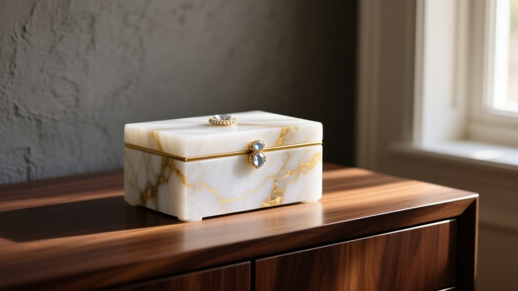 White and gold-veined alabaster jewelry box on a dark oak vanity, soft morning light highlighting the translucent stone surface