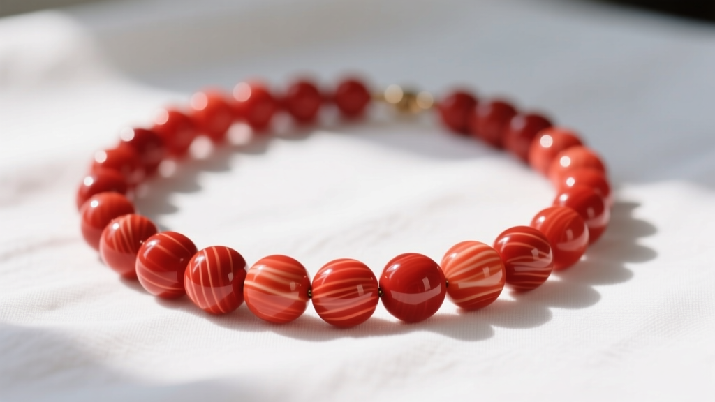 Close-up of a vintage red coral bead necklace on white linen, highlighting natural striations and polish in warm light.
